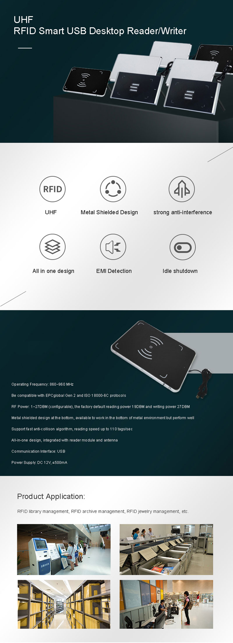 UHF RFID スマート USB デスクトップ リーダー/ライター