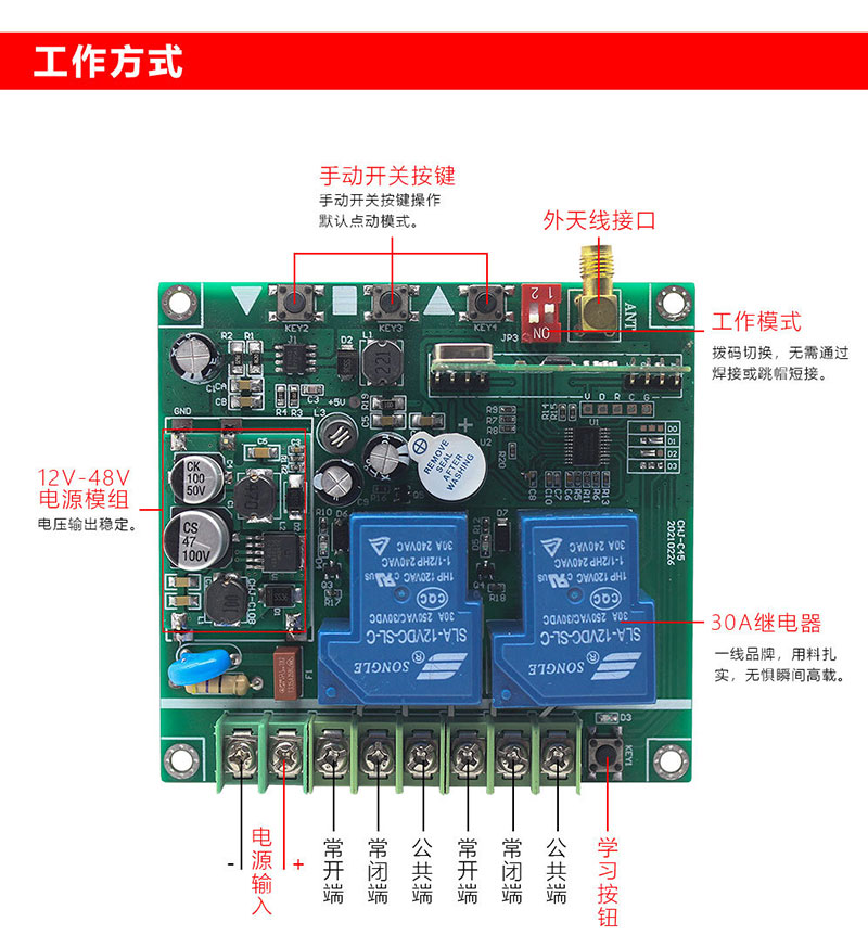 ユニバーサルワイド 電圧双方向アクセス制御リモコンスイッチ 12-48V ハイパワーモーターワイヤレス RF リモコン受信ボード 2